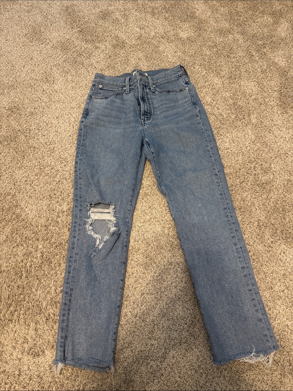 Madewell Light Blue High-Rise Straight Leg Jeans with Knee Distress
